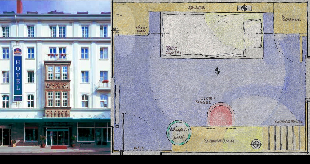 HOTEL SIEDENBURG BREMEN | MODERNISIERUNG Fassade (links) und Hotelzimmer-Entwurf (rechts): Entwurf, Werkplanung, Ausschreibung, Vergabe und Bauleitung